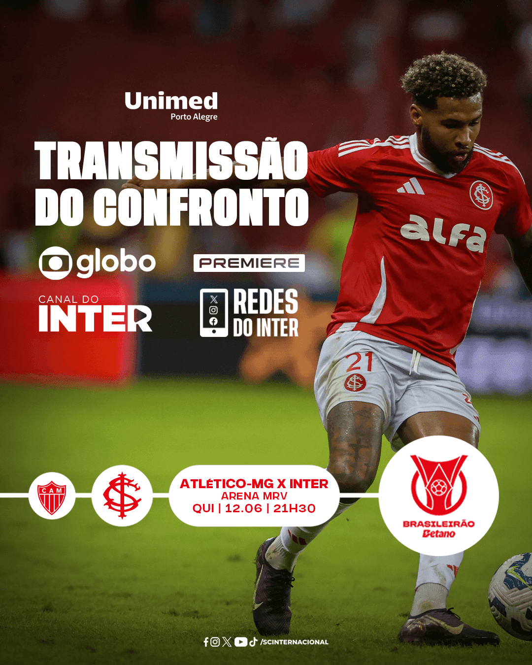 Canal do Inter, Globo e Premiere transmitem o confronto entre Atlético-MG e Inte...